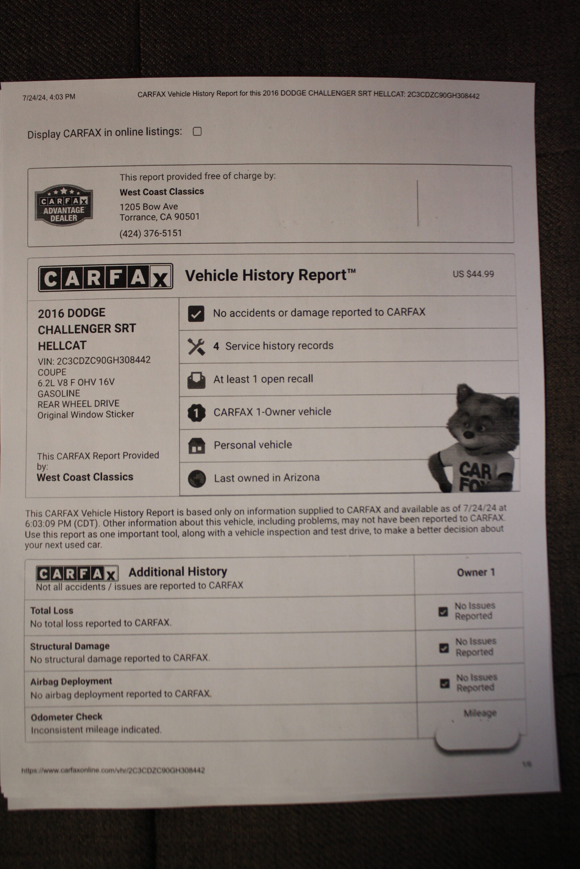 2016 Dodge Challenger Hellcat 1 owner 3700 miles