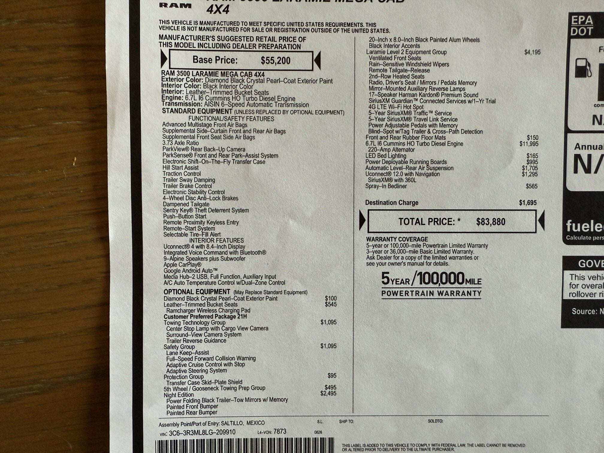 2020 Ram 3500 MEGACAB  HO Diesel Aisin 5″ Lift 42k miles